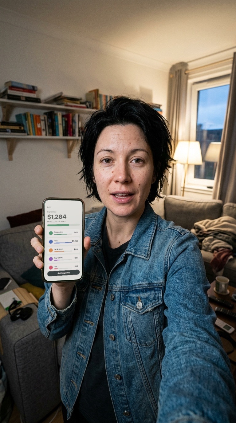 A presenter holding a phone that shows the same screenshot