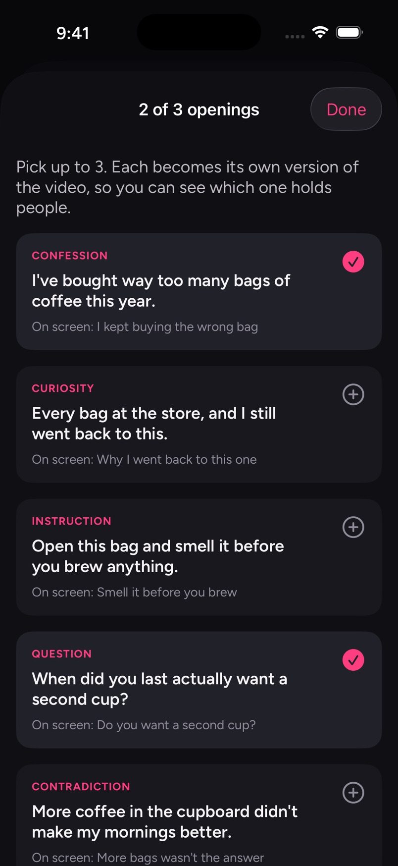 Six suggested openings, each with the formula it uses